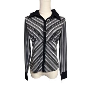 Vintage ANXIETY Womens Black White Striped Button Down Shirt Blouse Top L Y2K